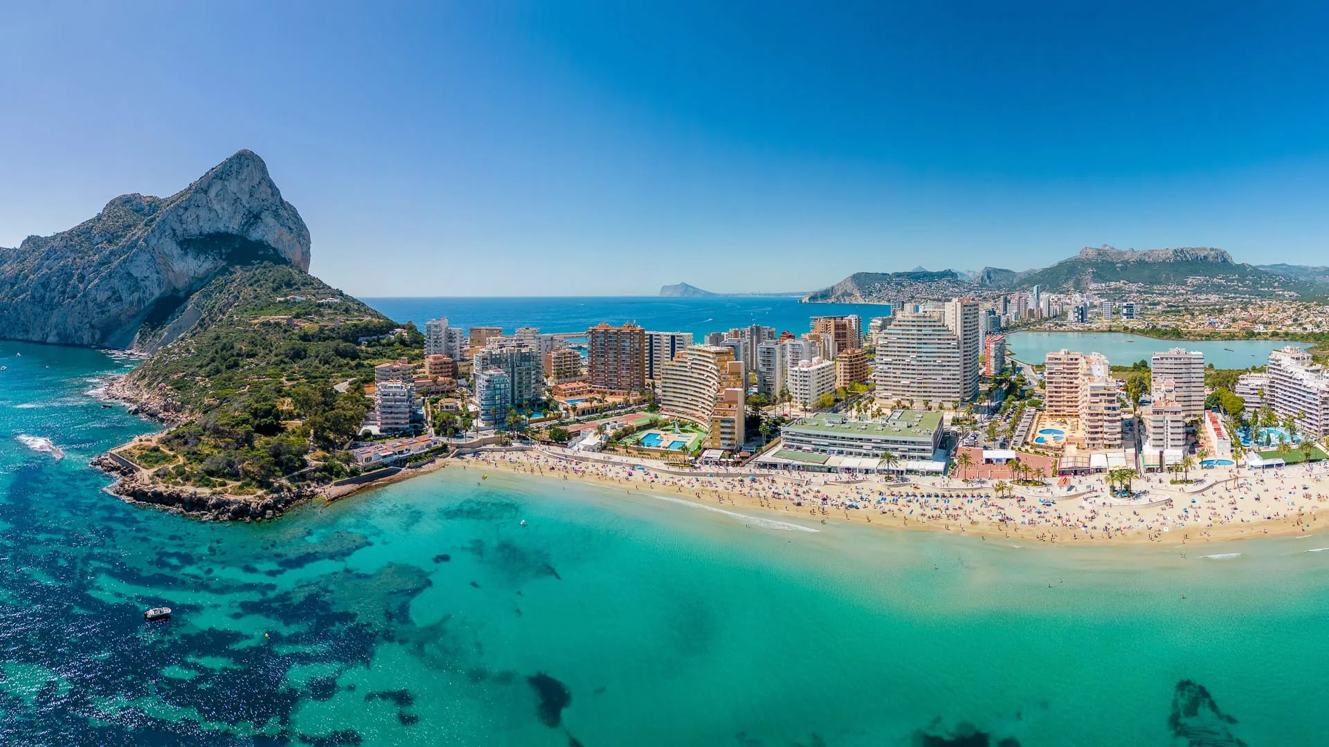 Aerial view of Calpe, its beaches and the Penon de Ifach