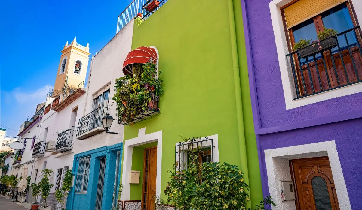 Colourful pedestrian street in Calpe Old Town near Casa Toro