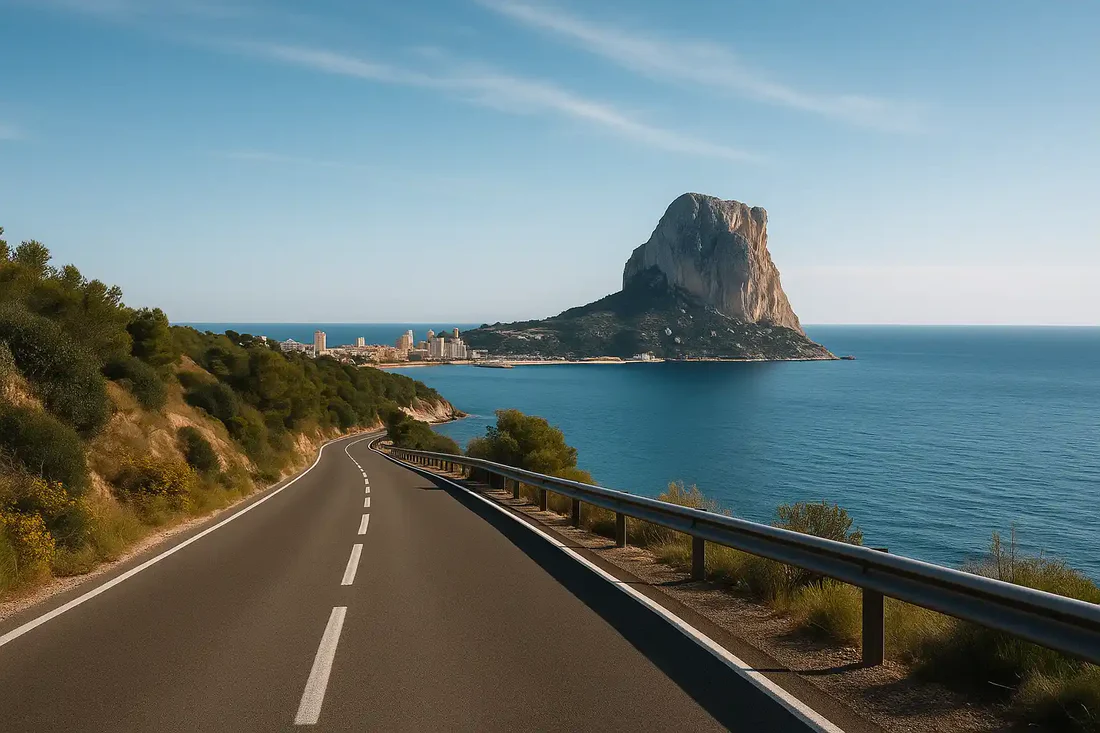 Coastal road approaching Calpe and the Pe&ntilde;&oacute;n de Ifach